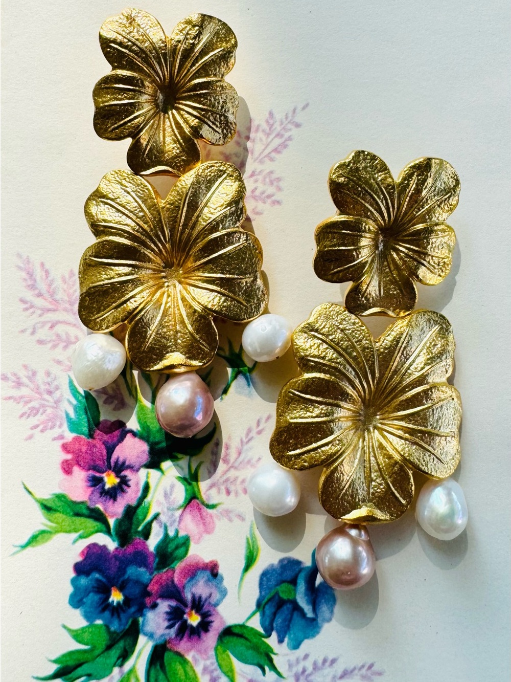 Anthropologie Gold Floral Drop Earrings with White and Pink Pearls